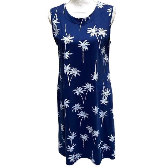 Links Navy & White Palm Tree Print Pocketed Shift Dress - Picture 2 of 6